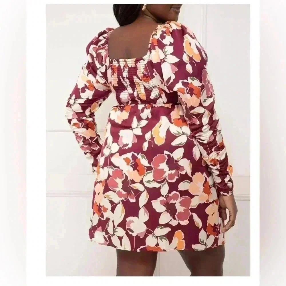 Eloquii Elements Floral Mini Dress Bow Bodice Puff Long Sleeve Sweetheart Neck - Picture 11 of 11